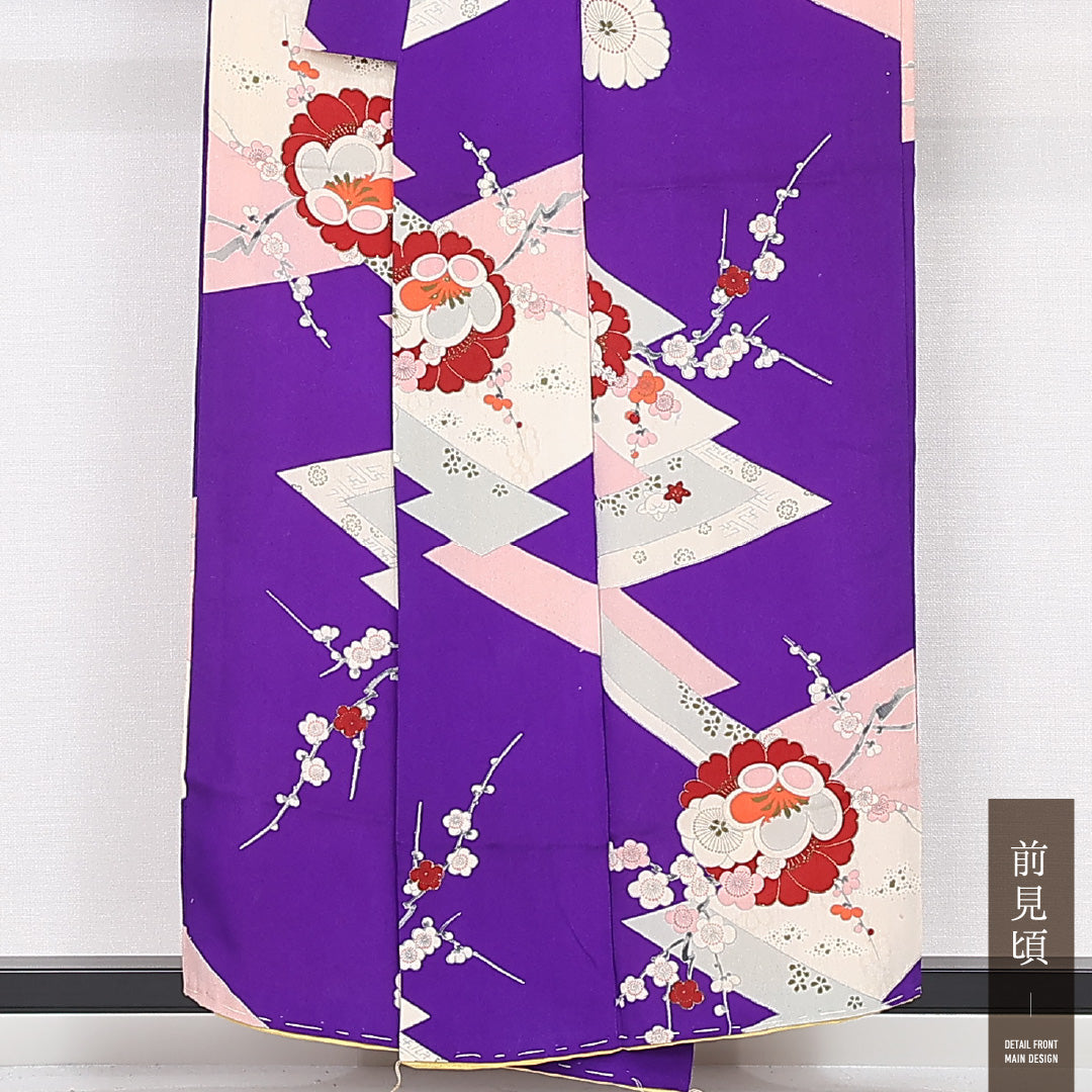 アンティーク 小紋 袷 身丈148cm 裄丈61cm 正絹 Aランク バチ衿 XSサイズ 吉祥文様 紫系 RP 1221-13224