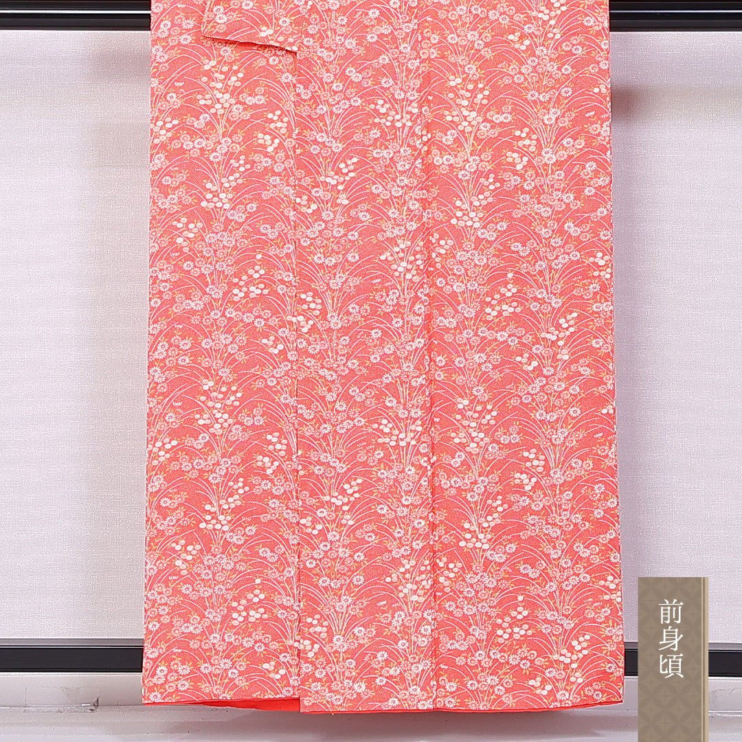 小紋 袷 身丈157cm 裄丈64cm 正絹 Sランク インフォーマル 広衿 Mサイズ 菊 ピンク系 RP 1221-10899
