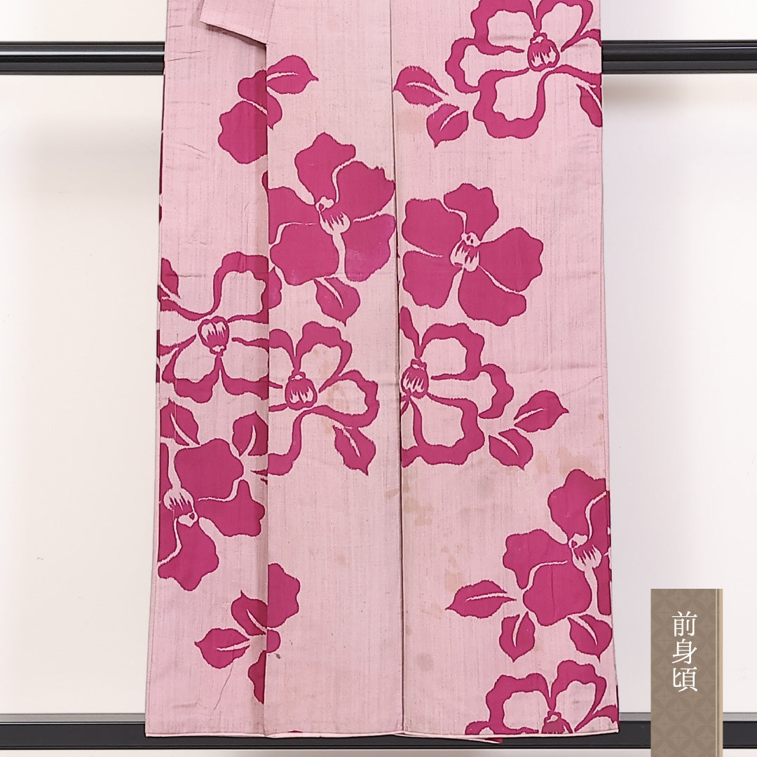 アンティーク 銘仙の着物 袷 身丈152cm 裄丈66cm 正絹 Dランク バチ衿 Sサイズ 牡丹 ピンク系 LP 1223-03767