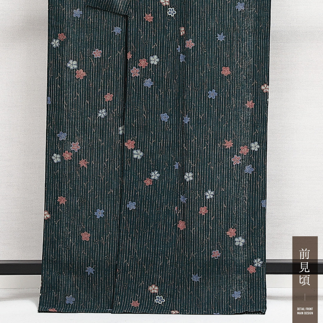小紋 夏紬 洗える着物 身丈156cm 裄丈65cm Sランク ポリエステル 広衿 Mサイズ カジュアル 桜 紅葉 可憐 しとやか 緑系 1215-14027