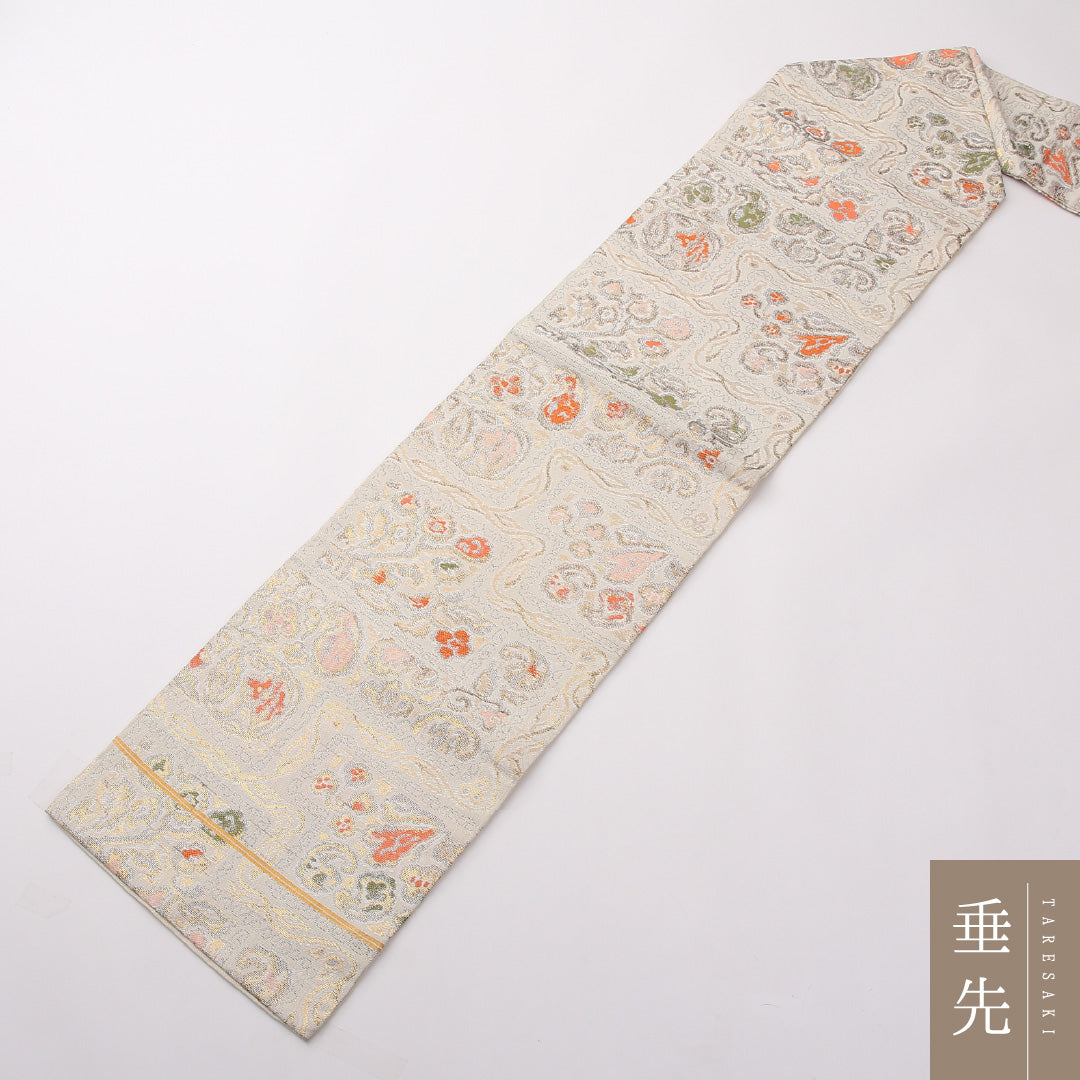 アンティーク 名古屋帯 六通 帯丈325cm Aランク 正絹 唐華 花柄 クリーム系 1224-02370