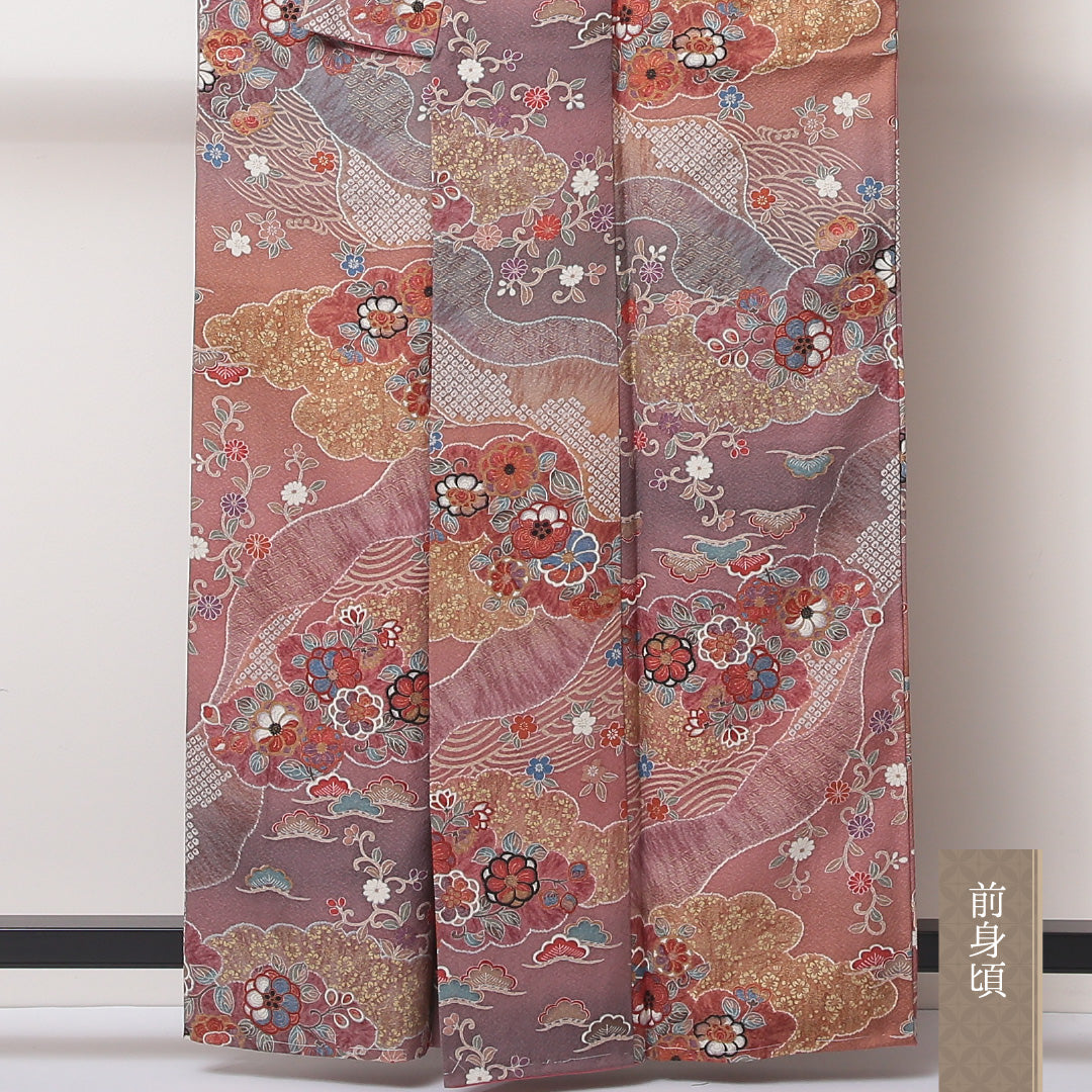 小紋 袷 身丈160cm 裄丈62cm 正絹 Sランク Lサイズ 広衿 インフォーマル 草木染 ちりめん 古典柄 牡丹 金彩 証紙 しつけ糸 多色系 グレー系 1215-02237