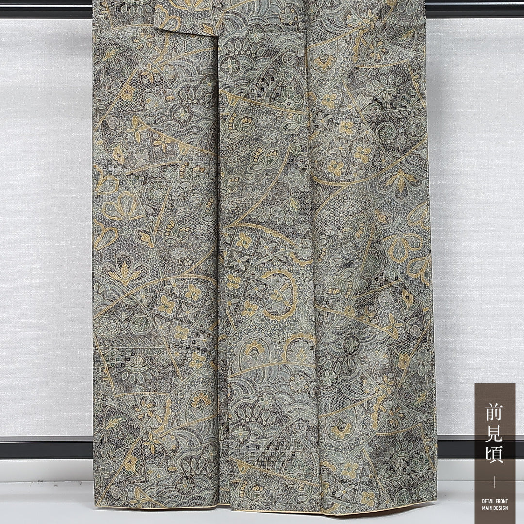 小紋 (お召) 袷 身丈160cm 裄丈64cm 正絹 Aランク インフォーマル 広衿 Lサイズ 花柄 緑系 RP 1221-11926