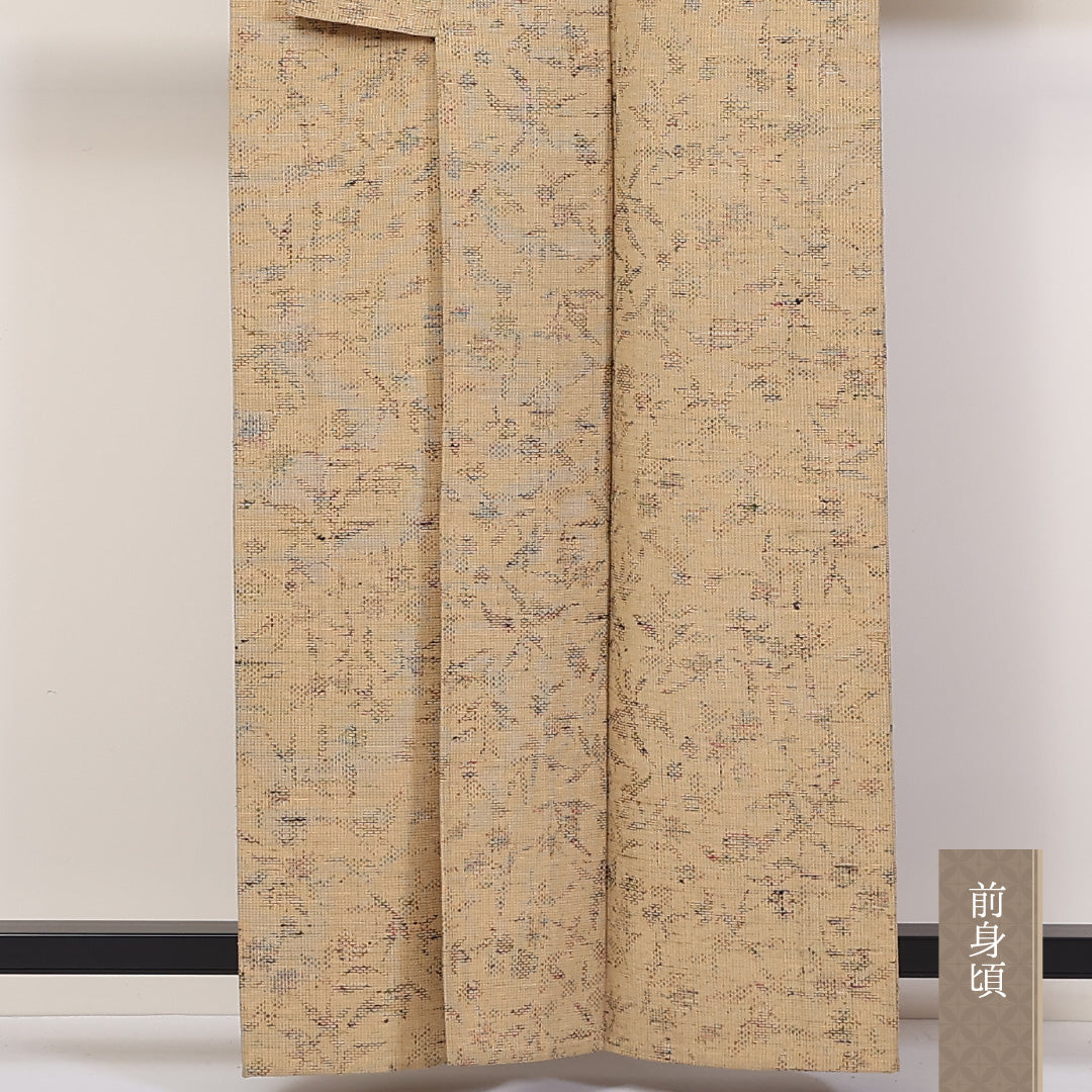 洗える着物 ウールの紬 単衣 身丈160cm 裄丈62cm ウール Sランク カジュアル 広衿 Lサイズ 植物柄 ベージュ系 RP 1223-03719