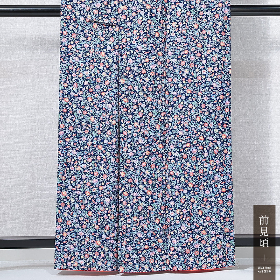 洗える着物 小紋 袷 身丈160cm 裄丈65cm ポリエステル Sランク インフォーマル 広衿 Lサイズ 花柄 紺系 RP 1221-14921