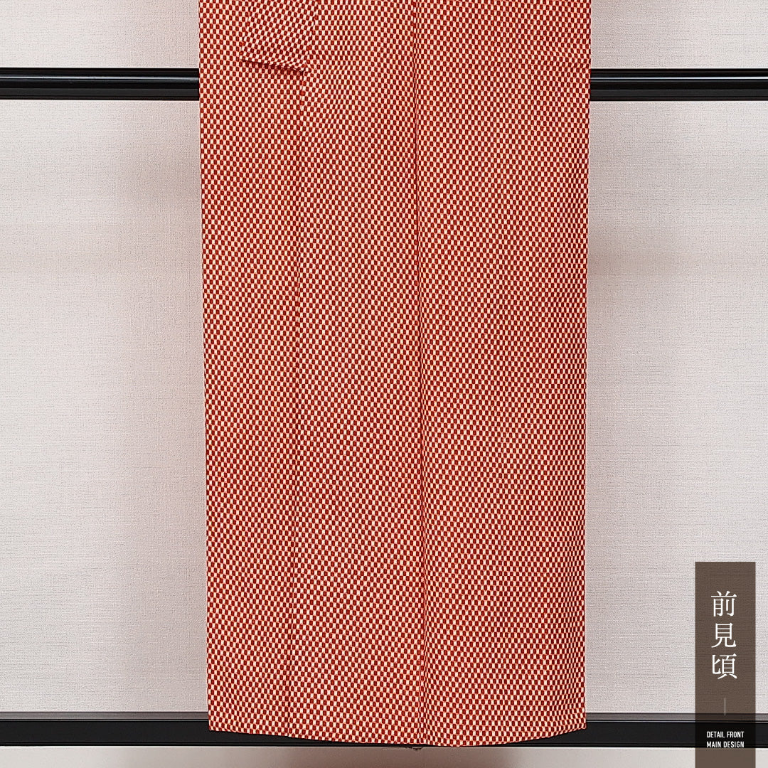 洗える着物 ウールの紬 単衣 身丈152cm 裄丈61cm ウール Sランク カジュアル バチ衿 Sサイズ 格子 朱系 RP 1223-14218