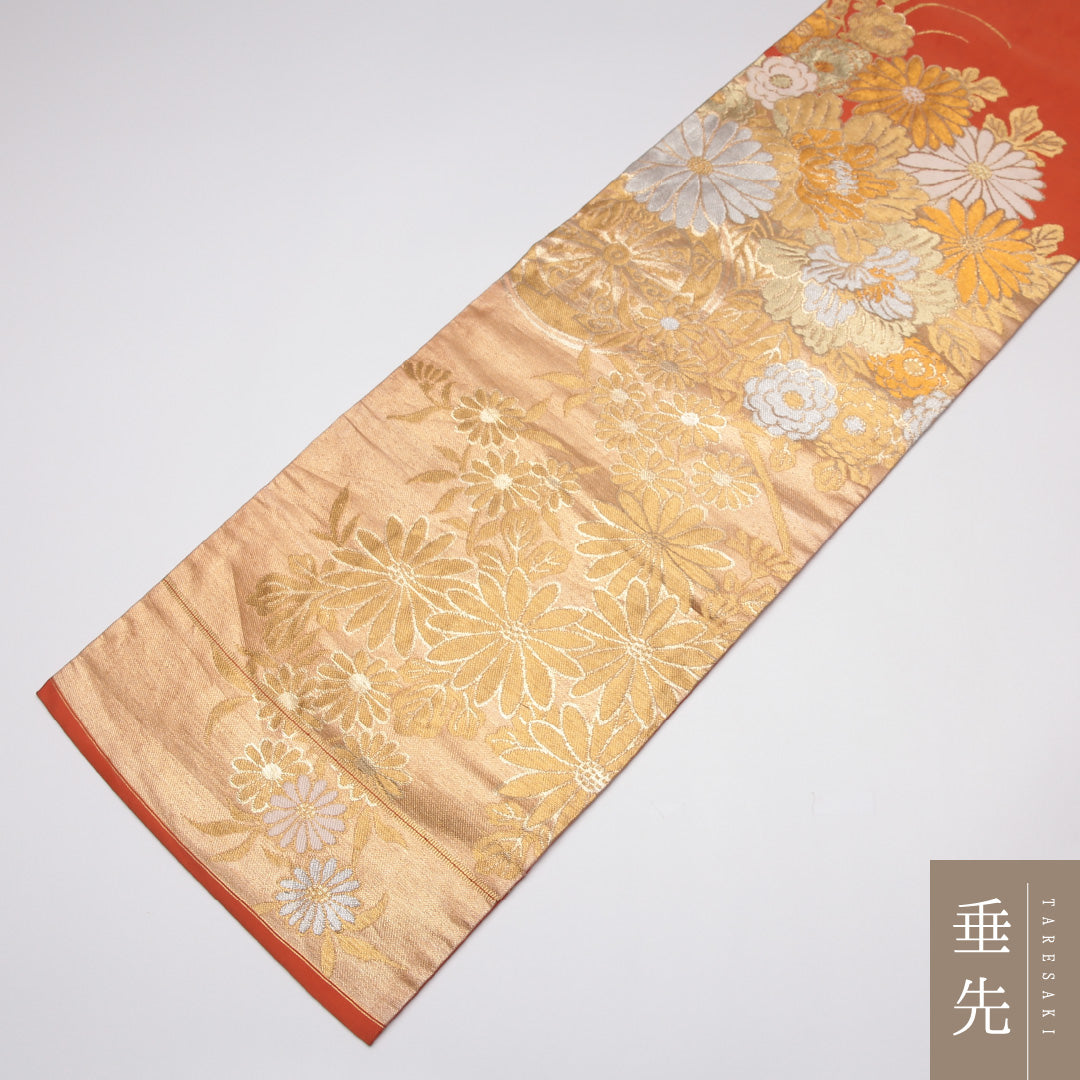 アンティーク 九寸名古屋帯 帯丈353cm 正絹 六通 名古屋仕立て 織り 菊 朱系 RP 1245-01629