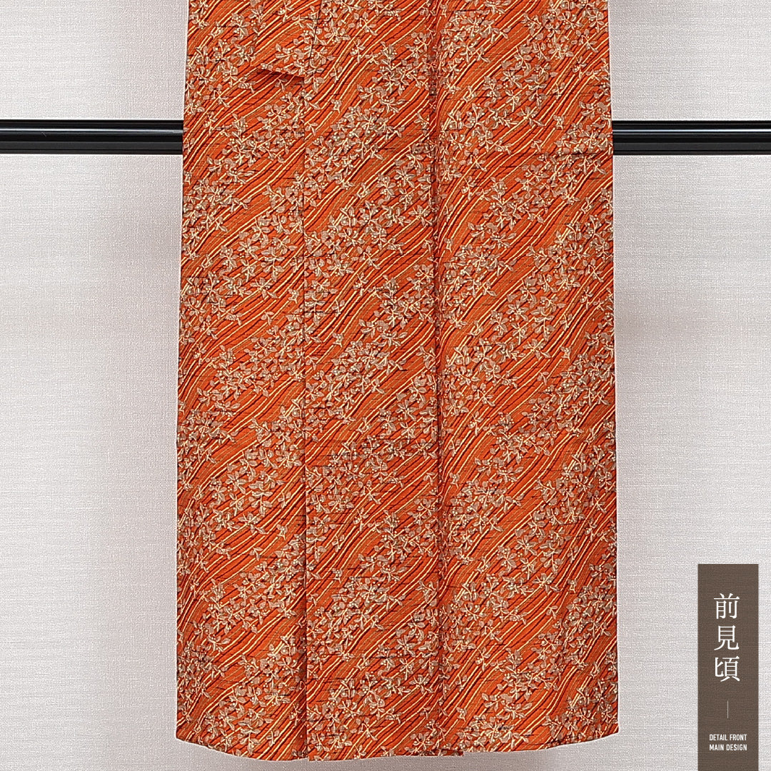 洗える着物 ウールの紬 単衣 身丈143cm 裄丈57cm ウール Sランク カジュアル バチ衿 XSサイズ 染め紬 植物柄 朱系 RP 1223-14334