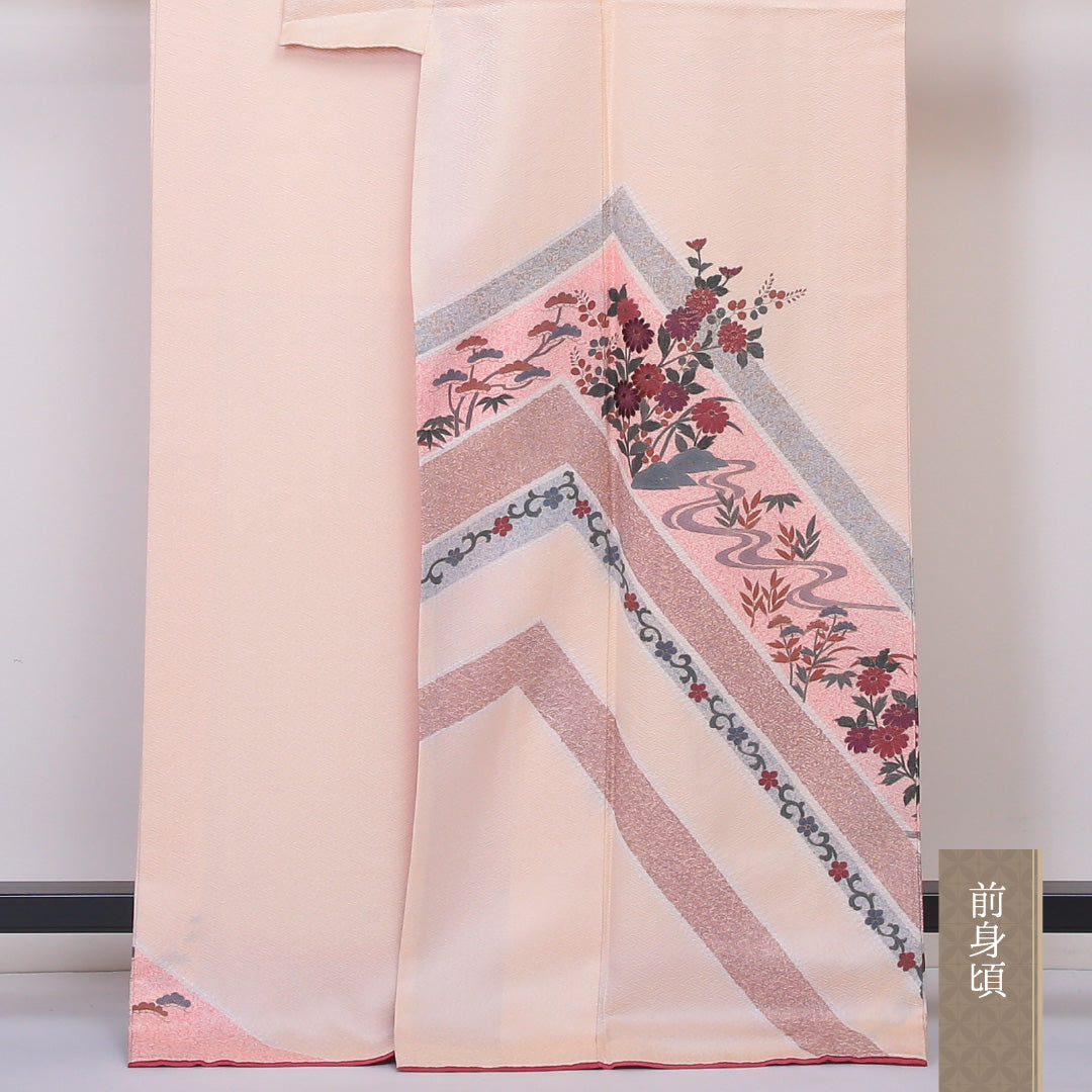 訪問着 袷 身丈166cm 裄丈70cm 正絹 Aランク 一つ紋 (五三桐) 紋意匠 (紗綾型) セミフォーマル 広衿 XLサイズ 金彩 菊 クリーム系 RP 1217-04527