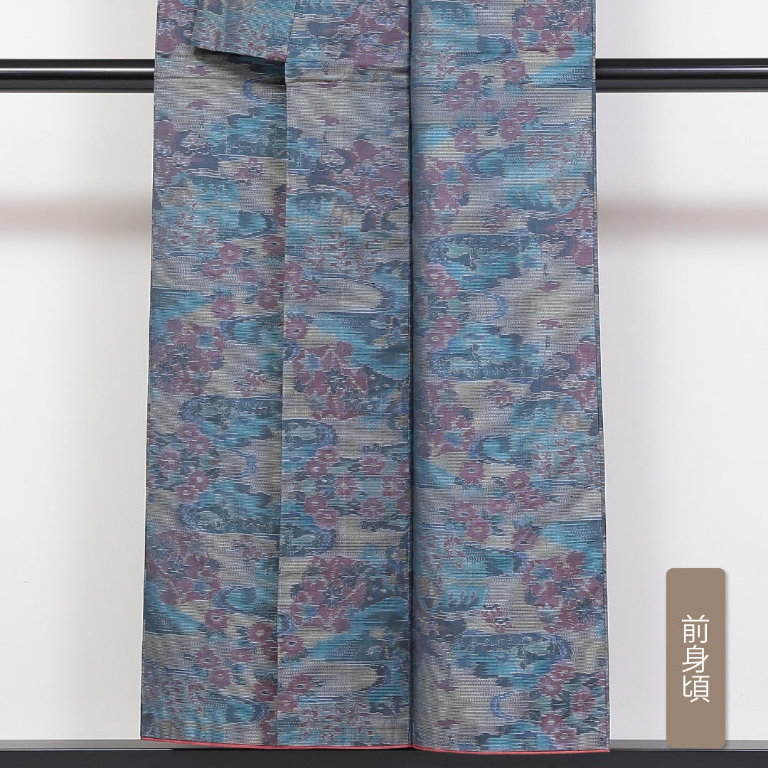 紬 袷 身丈150cm 裄63cm 正絹 青系 Sランク 色大島 1216-00711-2217