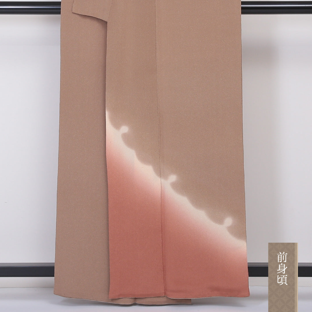 訪問着 袷 身丈160~164cm 裄69cm 正絹 一つ紋 蔦 茶系 ちりめん Sランク 1212-00563