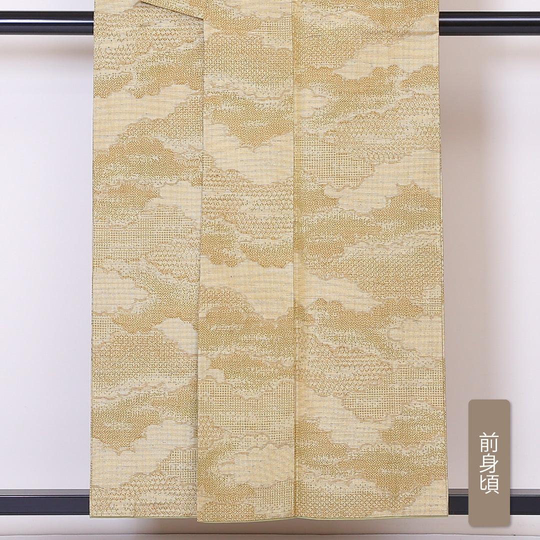 紬 袷 身丈154cm 裄丈65cm 正絹 Aランク Sサイズ 広衿 カジュアル 雲取り ベージュ系 1216-03275