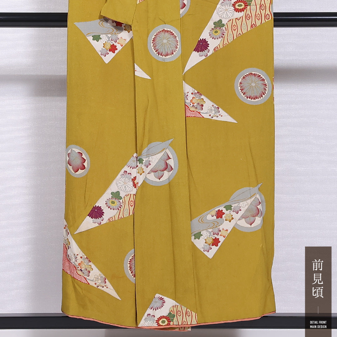 アンティーク 小紋 袷 身丈150cm 裄丈62cm 正絹 Bランク バチ衿 Sサイズ 花柄 紅葉 黄系 M4 1221-11787