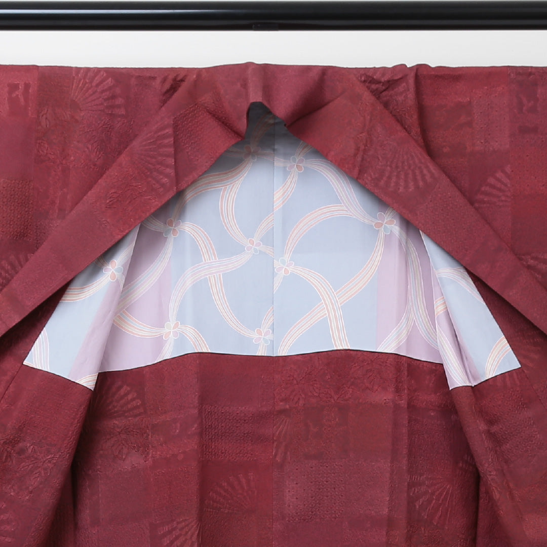 道中着 袷 身丈85cm 裄丈63cm 正絹 Aランク Sサイズ カジュアル ふくれ織 市松 赤系 1264-05748