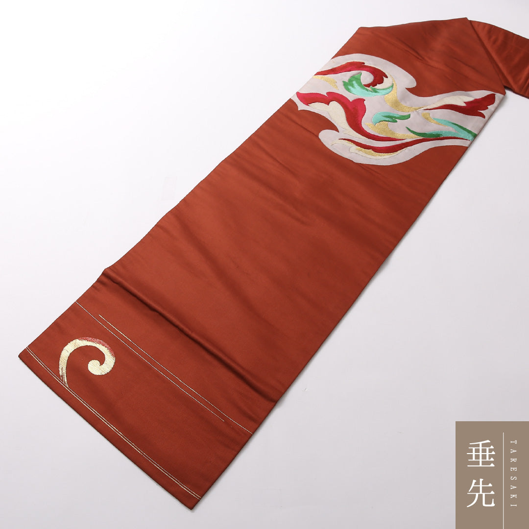 アンティーク 八寸 名古屋帯 帯丈329cm 名古屋仕立て ポイント柄 Bランク 正絹 唐織 創作柄 レトロ 可愛らしい 朱系 1224-02820