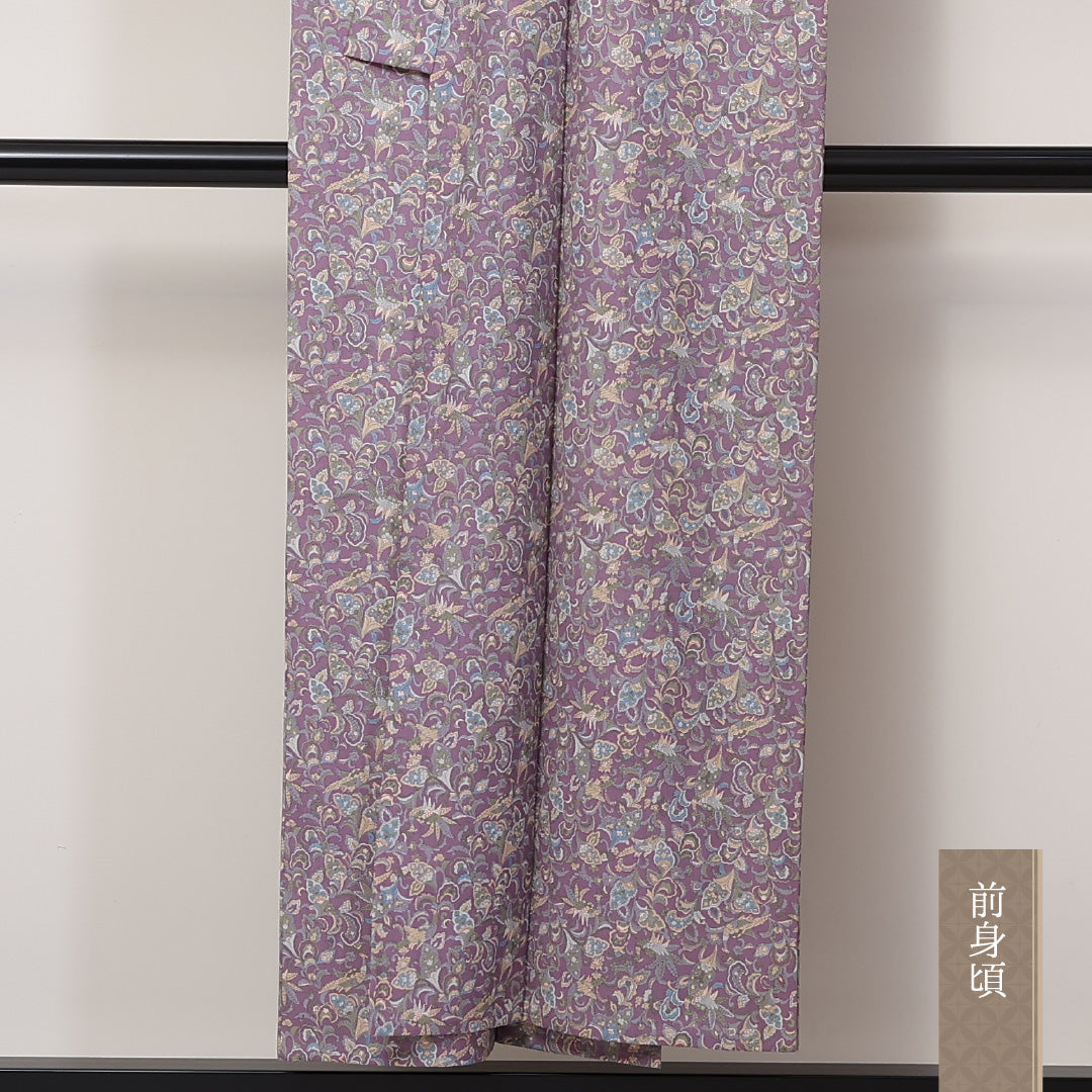 小紋(紬) 単衣 身丈146cm 裄丈61cm 正絹 Sランク XSサイズ バチ衿 インフォーマル 後染め 更紗 花喰鳥 唐華 紫系 1215-02282