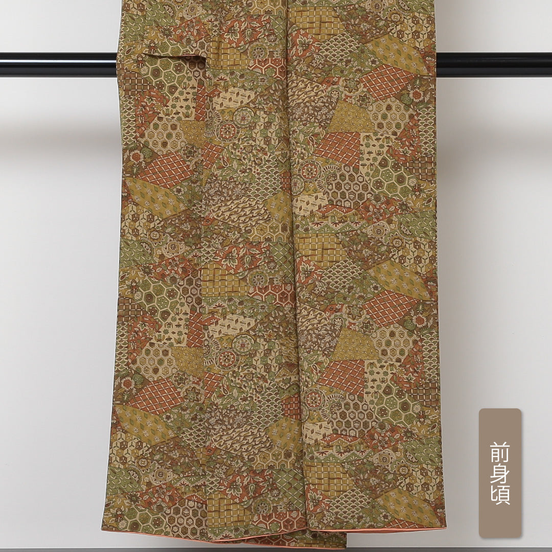 小紋 袷 身丈148cm 裄丈63cm 正絹 Aランク インフォーマル 広衿 XSサイズ 更紗 創作柄 茶系 HP 1221-01611