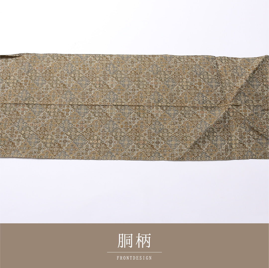 八寸名古屋帯 Aランク 帯丈363cm 正絹 六通 松葉仕立て 織り インフォーマル アラベスク文様 緑系 RP 1245-02536