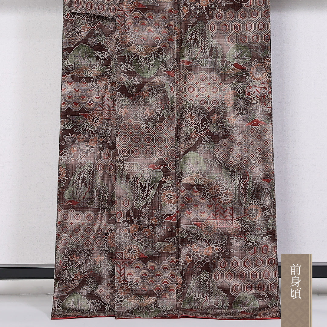 大島紬 袷 身丈165cm 裄63.5cm 正絹 吉祥文様 菊 茶系 Aランク 1216-01408