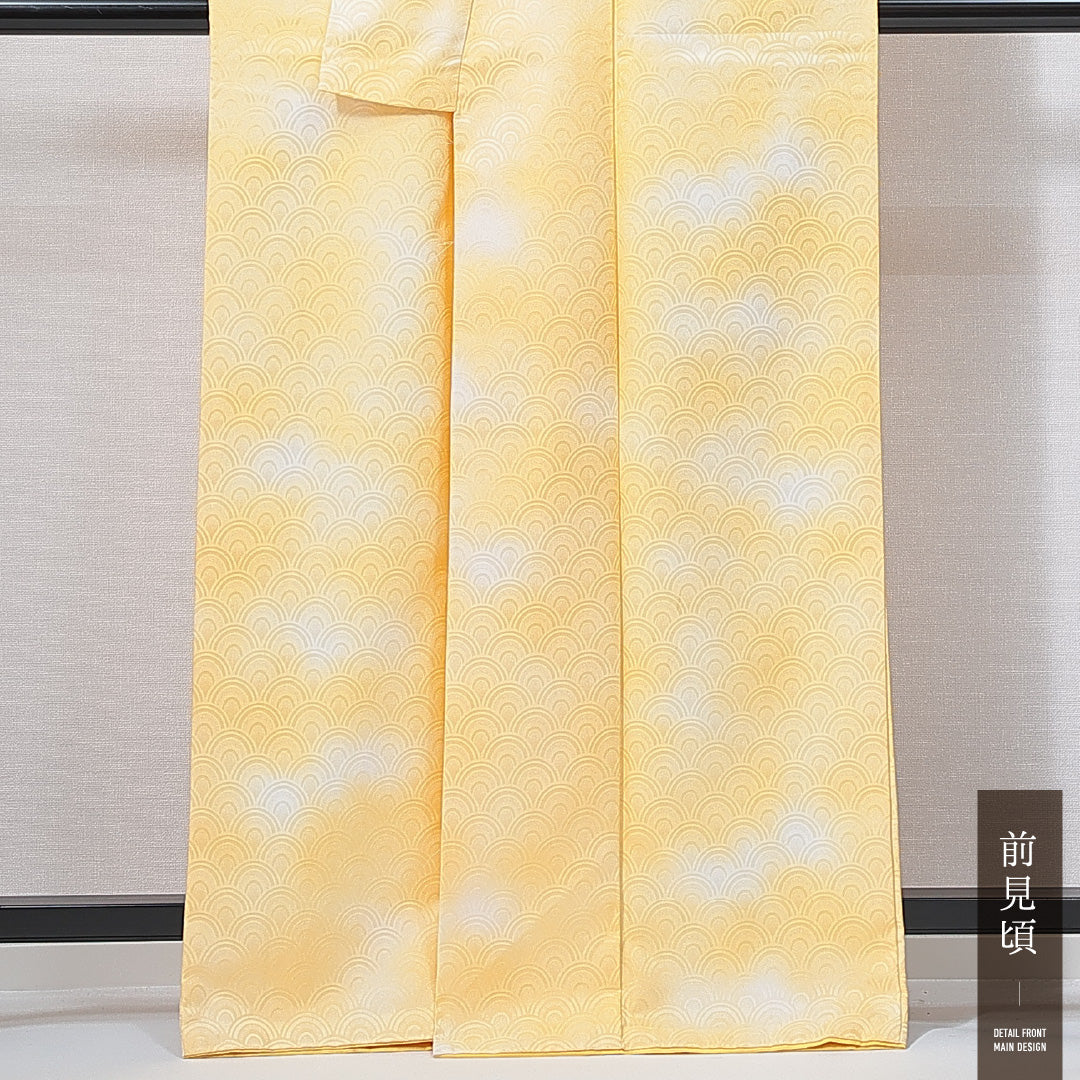 洗える着物 色無地 袷 身丈163cm 裄丈64cm ポリエステル Bランク 紋意匠 (青海波) インフォーマル 広衿 Lサイズ ぼかし染 青海波 黄系 HP 1219-14922