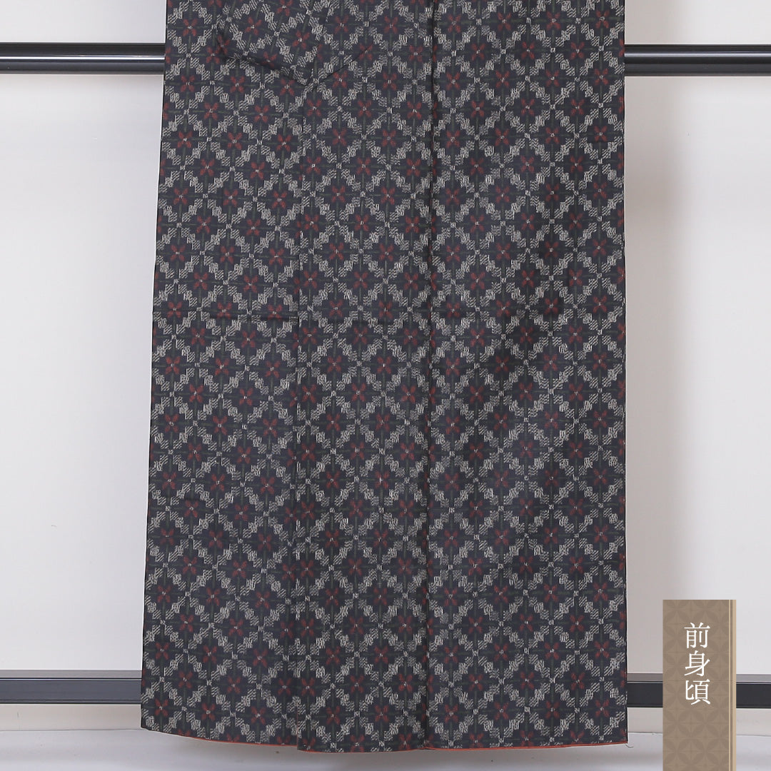 アンサンブル 紬 袷 身丈157cm 裄65cm 正絹 花柄 紺系 Aランク 1216-00922