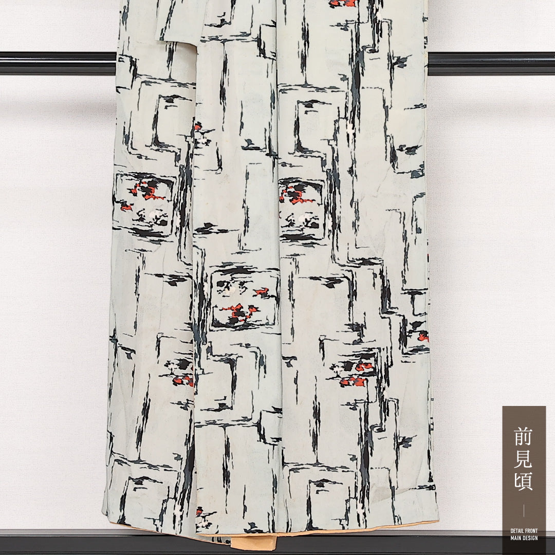 アンティーク 小紋 (錦紗) 袷 身丈148cm 裄丈64cm 正絹 Bランク バチ衿 XSサイズ 創作柄 クリーム系 RP 1221-13354