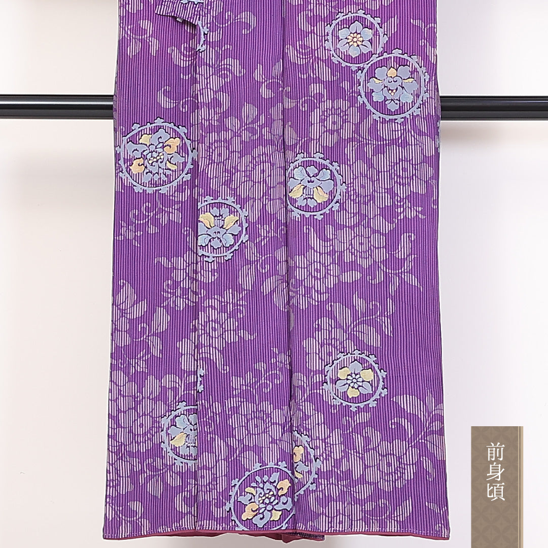 アンティーク 小紋 袷 身丈144cm 裄65cm 正絹 牡丹 花文 紫系 Bランク 1215-02304