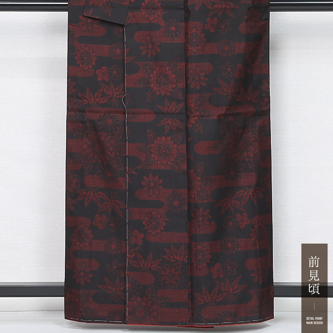 紬 袷 身丈160cm 裄丈64cm 正絹 Aランク カジュアル 広衿 Lサイズ エ霞 花柄 黒系 HP 1223-12155