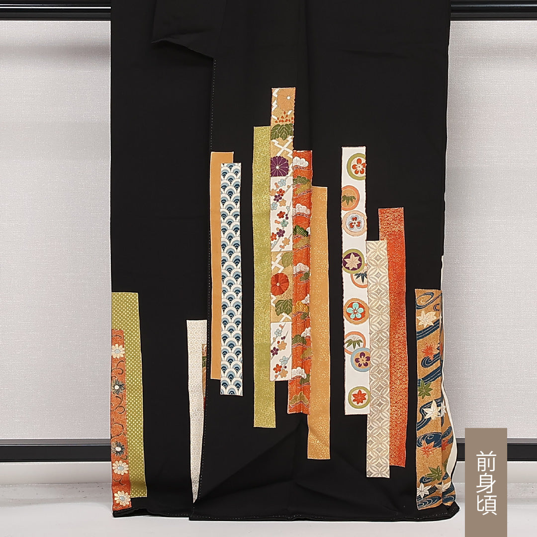 黒留袖 五つ紋 三つ竜胆橘 身丈166cm 裄丈65.5cm Sランク 正絹 袷 広衿 XL 刺繍 金駒刺繍 吉祥文様 短冊 フォーマル 古典的 華やか 黒系 1211-F0565