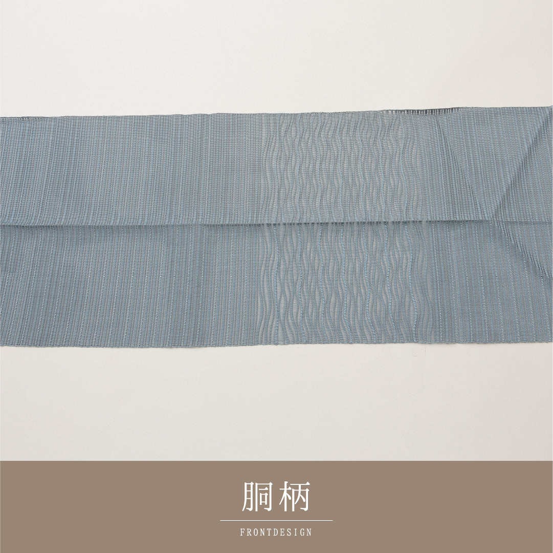 夏物 名古屋帯 ポイント柄 帯丈374cm カジュアル Aランク 正絹 絽 波 しつけ糸 青系 1224-02026