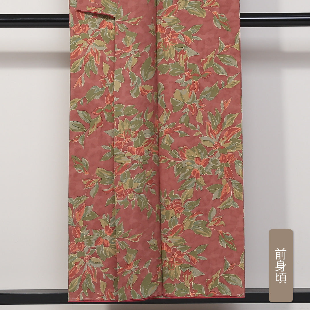 小紋 袷 身丈152cm 裄丈63cm 正絹 Aランク インフォーマル 広衿 Sサイズ 植物柄 ピンク系 HP 1221-01663