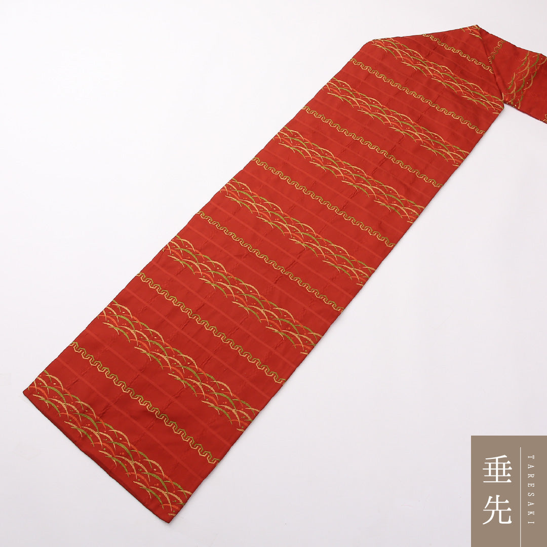 名古屋帯 六通 帯丈348cm カジュアル Aランク 正絹 芝草 朱系 1224-02335