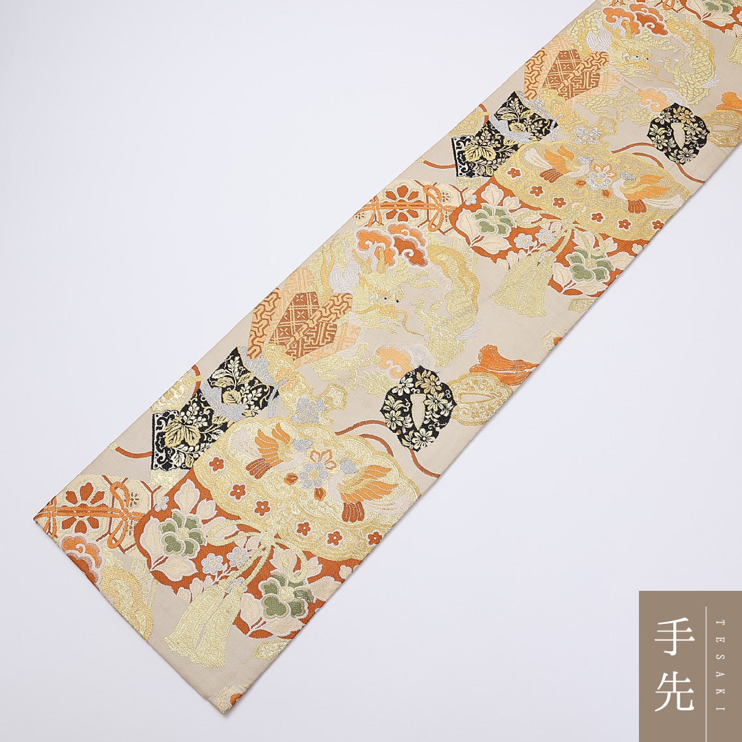 アンティーク 丸帯 帯丈400cm 正絹 全通 唐織 龍 丸文 金系 1242-00896