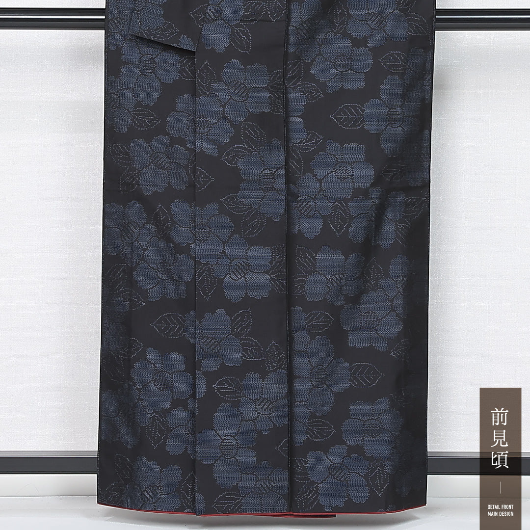 大島紬 袷 身丈159cm 裄丈63cm 正絹 Sランク インフォーマル 広衿 Mサイズ 椿 黒系 RP 1223-12156