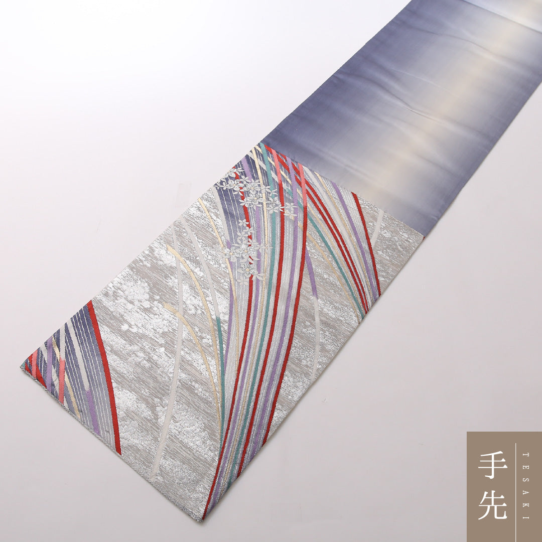 振袖用 袋帯 帯丈424cm 正絹 六通 創作柄 銀系 1243-01659