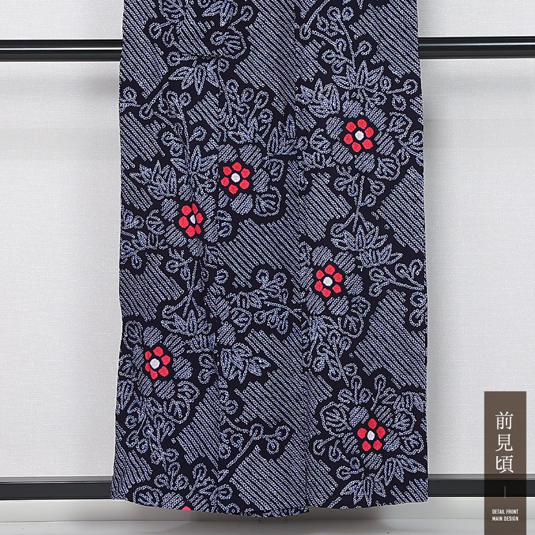 夏物 洗える着物 木綿の有松鳴海絞 (有松鳴海絞) 夏物 身丈154cm 裄丈64cm 木綿 Aランク カジュアル バチ衿 Sサイズ 居敷当て 肩当て 菊 紺系 M4 1225-12119