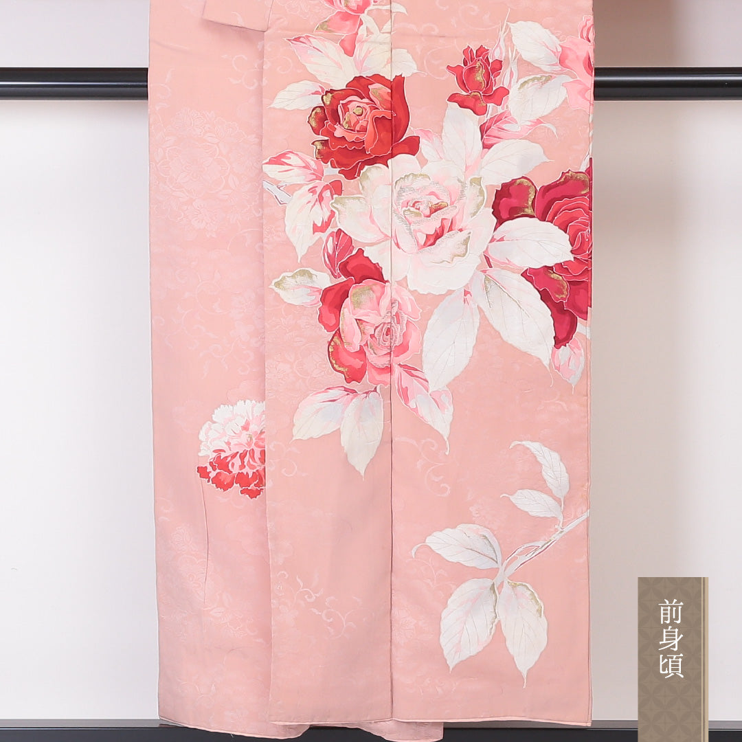 アンティーク 訪問着 袷 身丈148cm 裄丈66cm 正絹 Cランク 一つ紋 バチ衿 XSサイズ 金彩 薔薇 ピンク系 PO 1217-04493