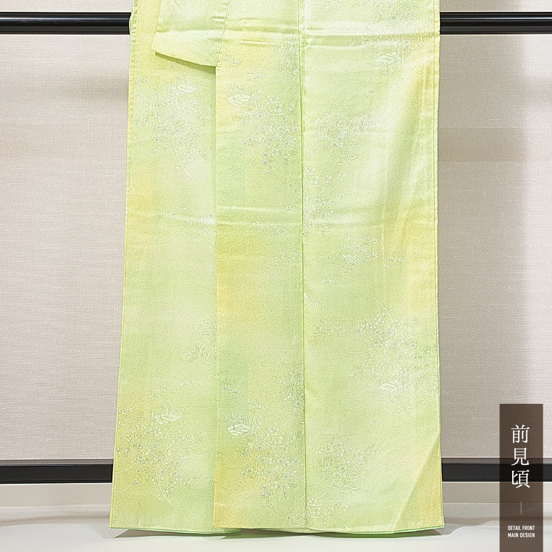 洗える着物 小紋 袷 身丈161cm 裄丈63cm ポリエステル Sランク インフォーマル 広衿 Lサイズ 花柄 緑系 RP 1221-14924