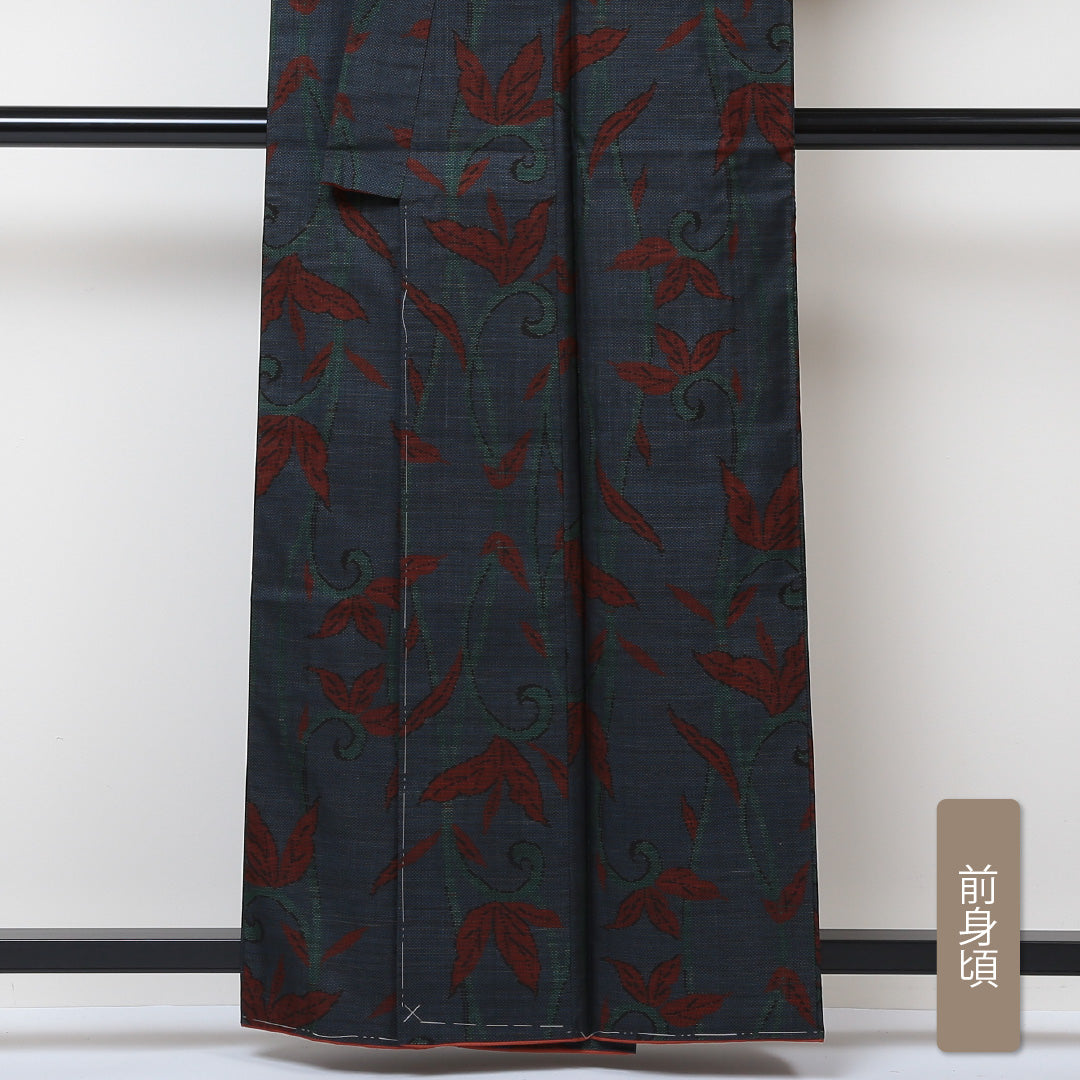 大島紬 袷 身丈159cm 裄65cm 正絹 紺系 Aランク 花柄 しつけ糸 1216-00530-3318 1216-00530