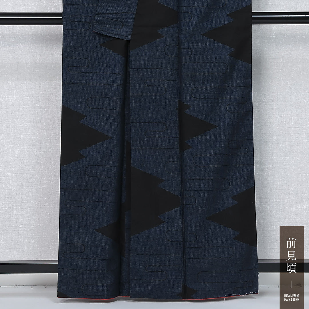 大島紬 袷 身丈160cm 裄丈65cm 正絹 Sランク インフォーマル 広衿 Lサイズ 泥染め 武田菱 紺系 RP 1223-11972