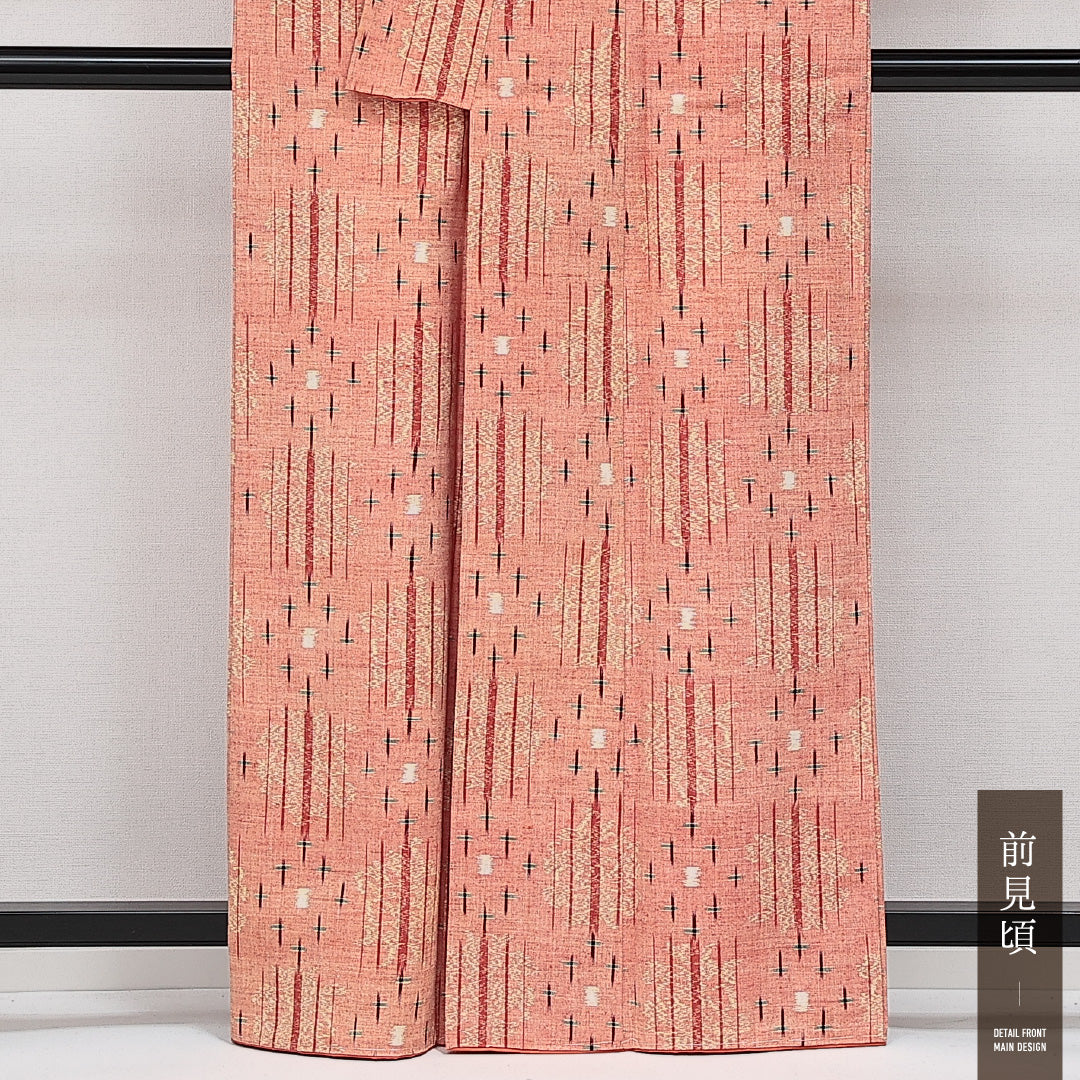 紬 袷 身丈159cm 裄丈65cm 正絹 Aランク カジュアル 広衿 Mサイズ 十字絣 ピンク系 RP 1223-14557