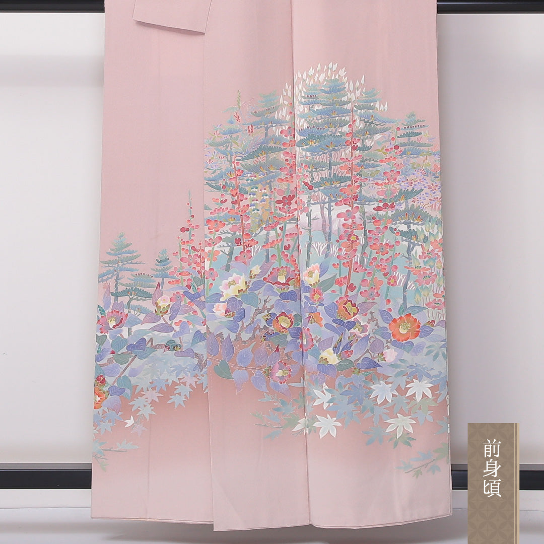 色留袖 袷 身丈158cm 裄65cm 正絹 一つ紋 手描き 椿 松 作家物 丸に剣片喰 乙女色 ピンク系 落款 Cランク 1211-00151
