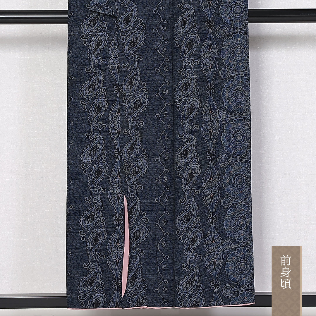 紬 袷 身丈152cm 裄61cm 洗える着物 ウール 紺系 Aランク 1216-01379