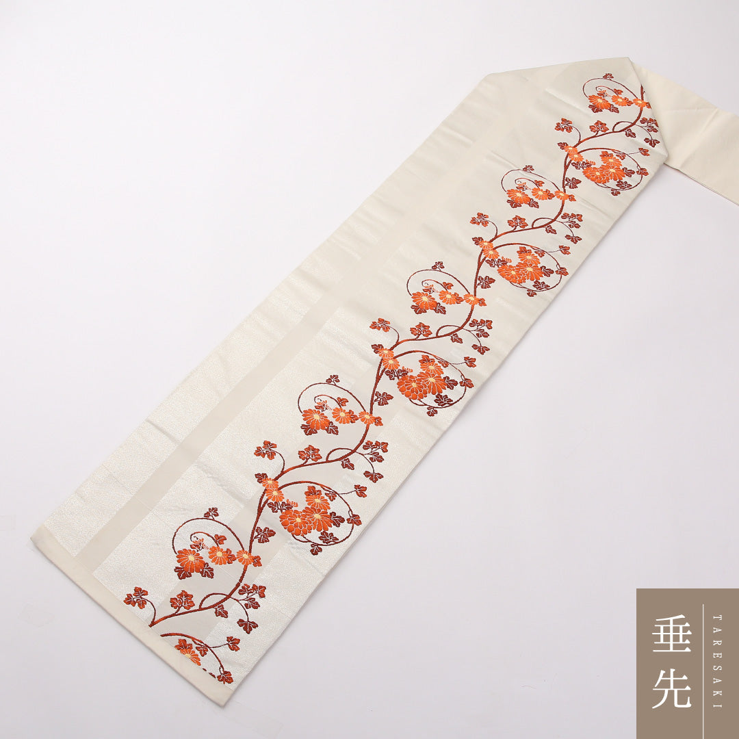 九寸名古屋帯 Aランク 帯丈348cm 正絹 六通 名古屋仕立て 織り インフォーマル 菊 クリーム系 RP 1245-02382