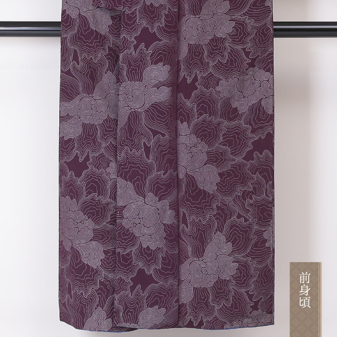 アンティークお召 袷 身丈145cm 裄62cm 正絹 ボタニカル 紫系 Bランク 1216-00899