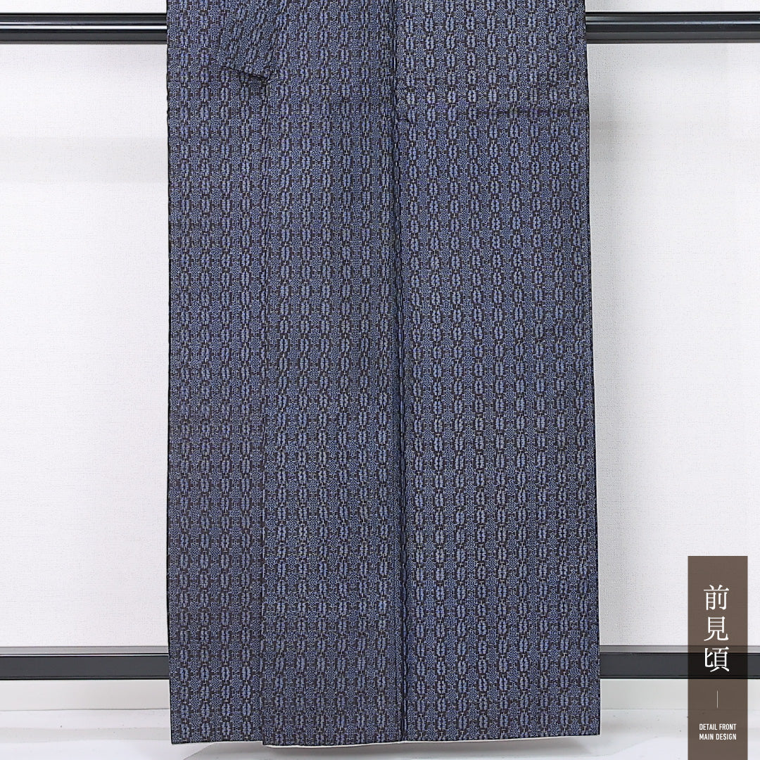 紬 袷 身丈159cm 裄丈64cm 正絹 Cランク カジュアル バチ衿 Mサイズ 創作柄 紺系 LP 1223-12470