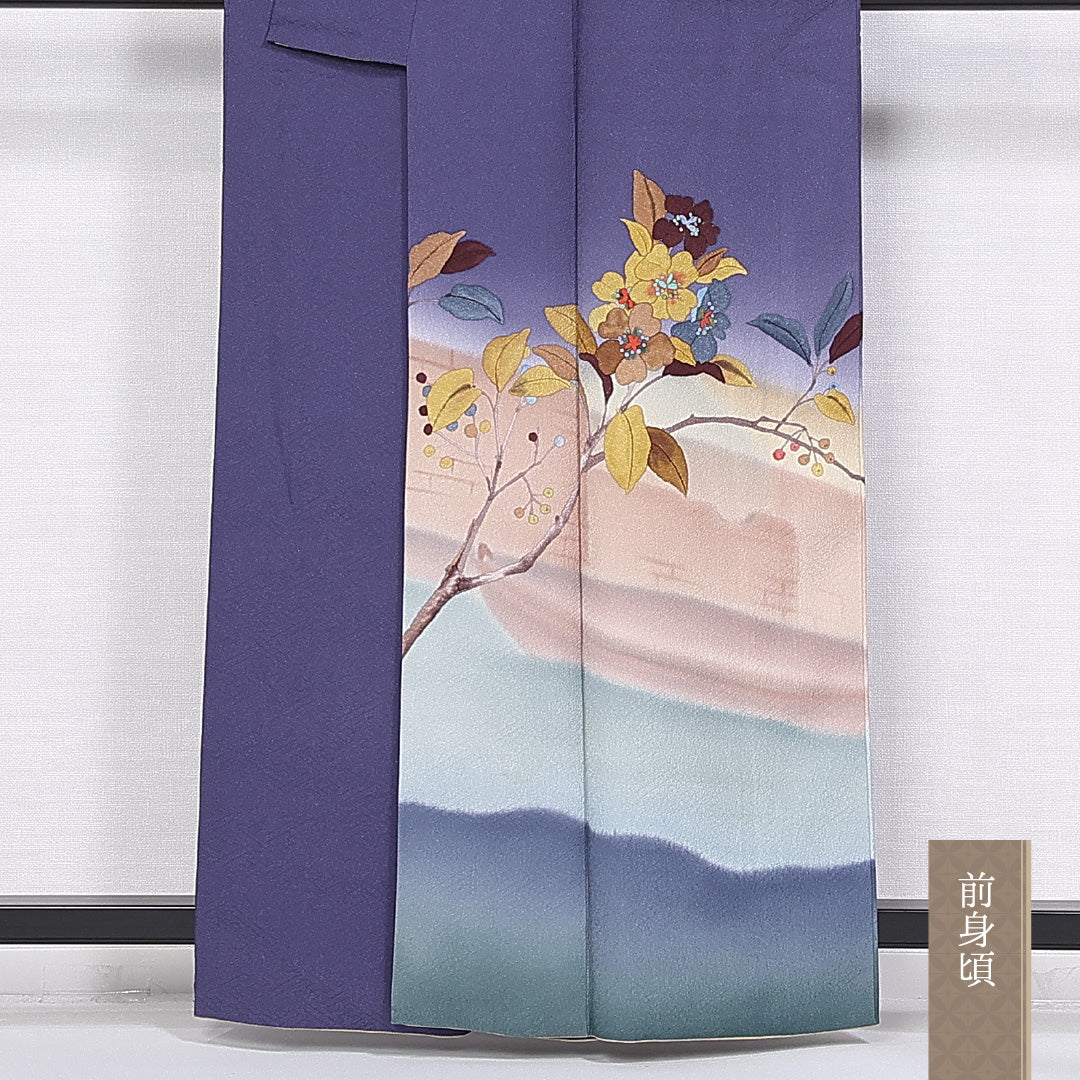 訪問着 身丈159cm 裄丈62cm 正絹 Aランク 袷 剣片喰 広衿 椿 紋意匠 1212-10378