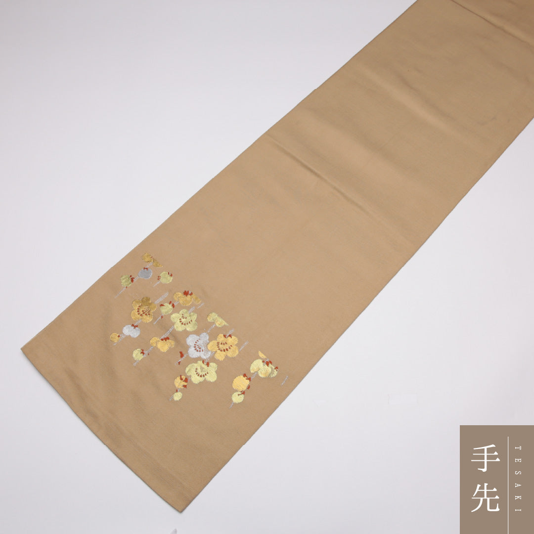 アンティーク 袋帯 帯丈392cm 六通 金銀糸 梅 セミフォーマル ベージュ系 正絹 Cランク 1223-01119