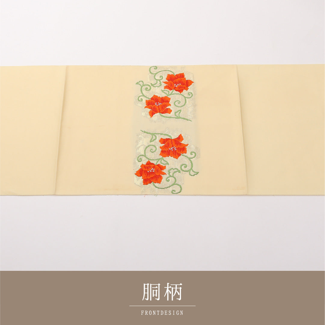 八寸名古屋帯 Aランク 帯丈342cm 正絹 ポイント柄 松葉仕立て 帯芯なし 織り インフォーマル 唐草華文 亀甲 クリーム系 RP 1245-02275