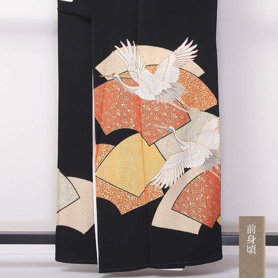 黒留袖 五つ紋 丸に橘 身丈159cm 裄丈65cm Aランク 正絹 袷 比翼 広衿 M 鶴 吉祥文様 扇 フォーマル 黒系 1211-F0234